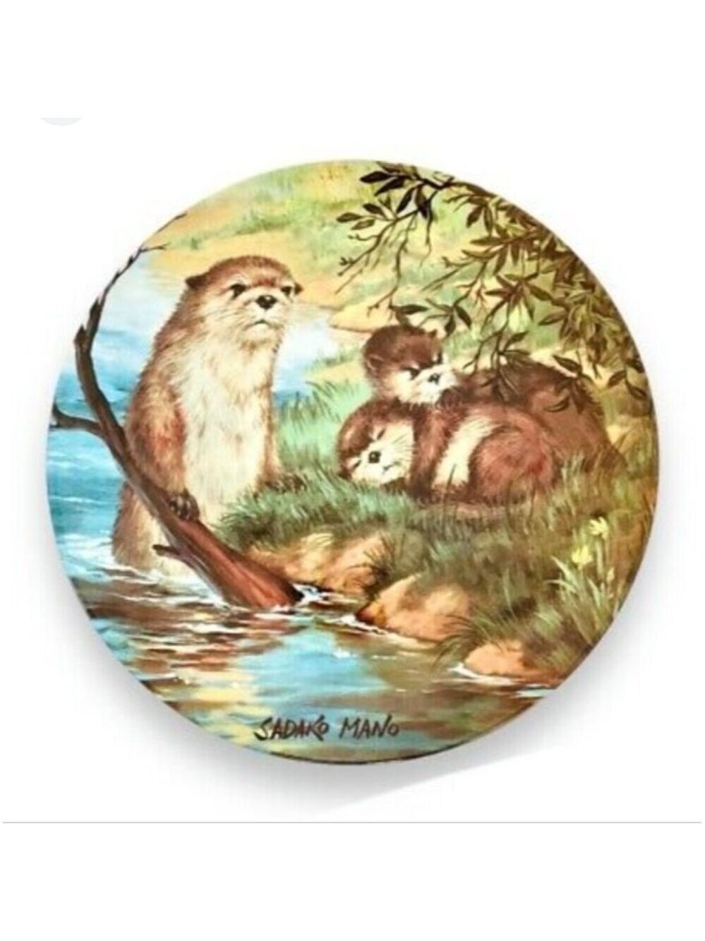 Vintage porcelain River Otters plate by Sadako Mano, Hackett American